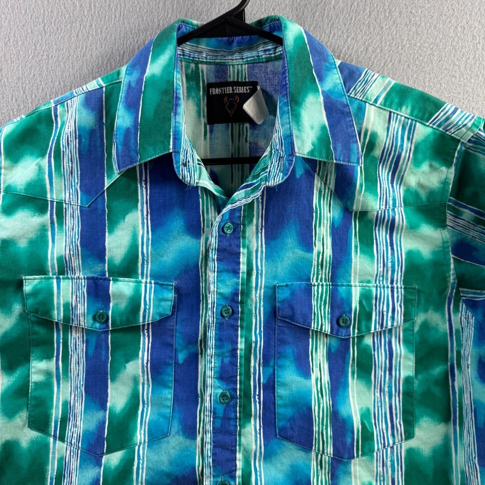Vintage‎ Frontier Series Shirt Mens Large Blue Western Striped Button Cowboy 90s